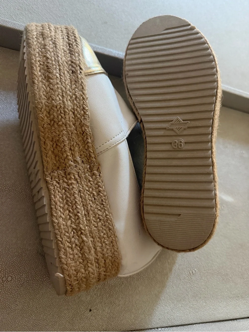 White & Gold Espadrille Platform Slip-On Flats
